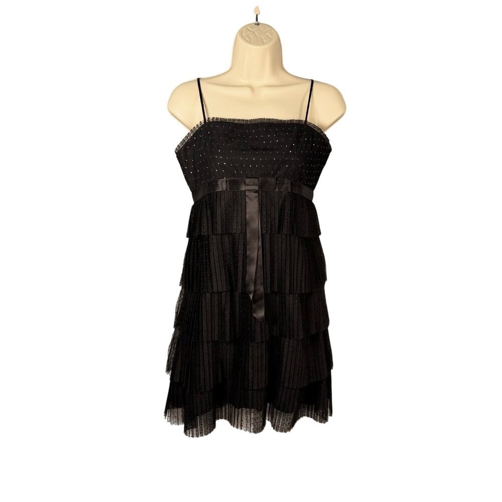 BCBGMAXAZRIA Dress Womens‎ XS Black Swiss Dot Mesh Tiered Bow Sequin Silk Lined
